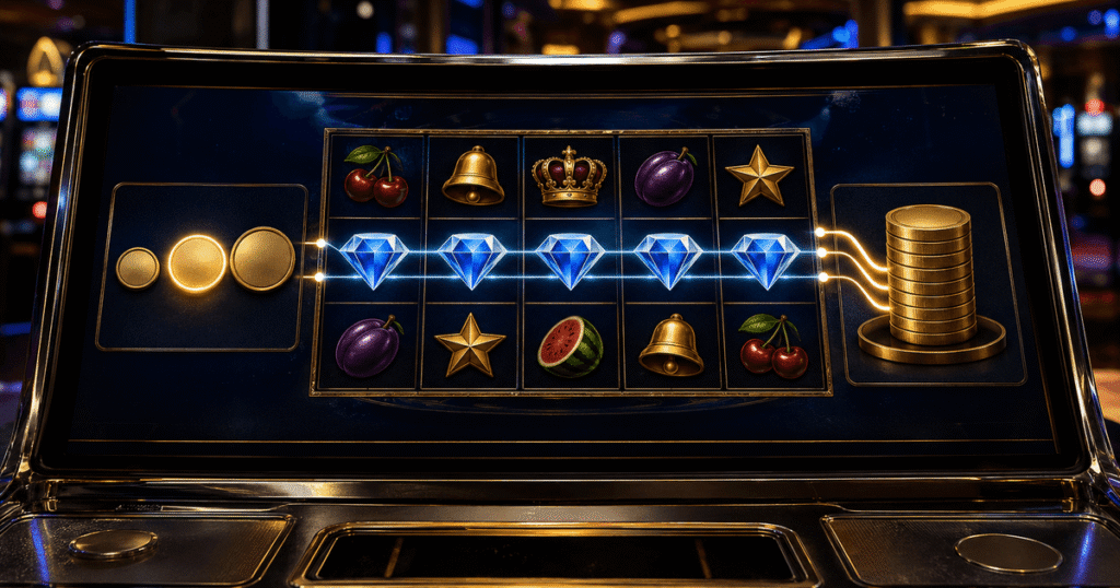 Online slot bet controls showing coin value, paylines and total bet