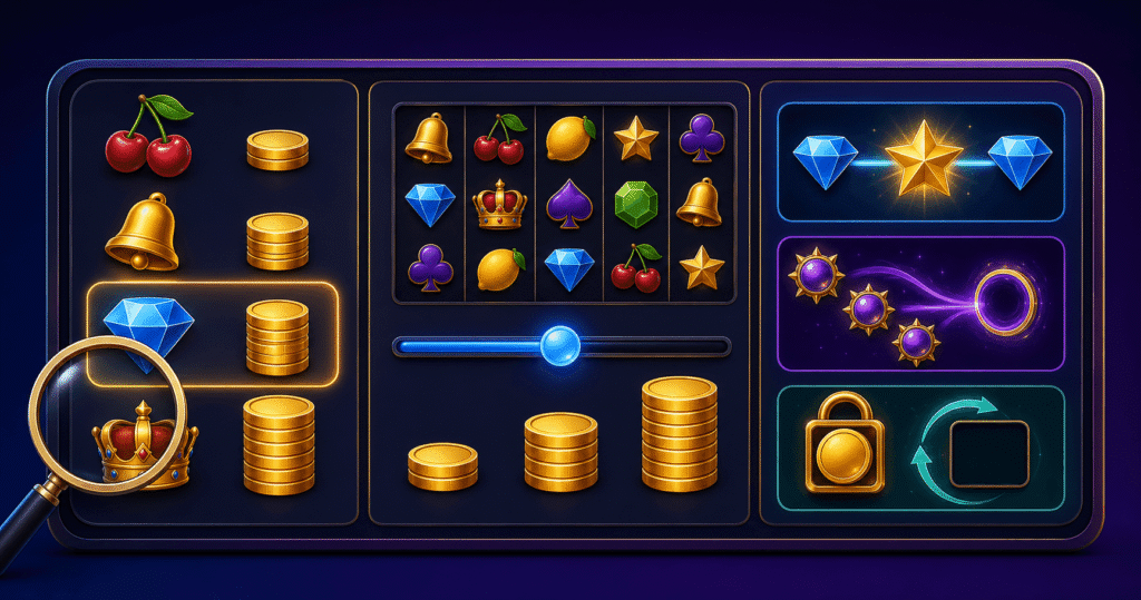 Online slot reels beside a paytable showing symbols and payout values