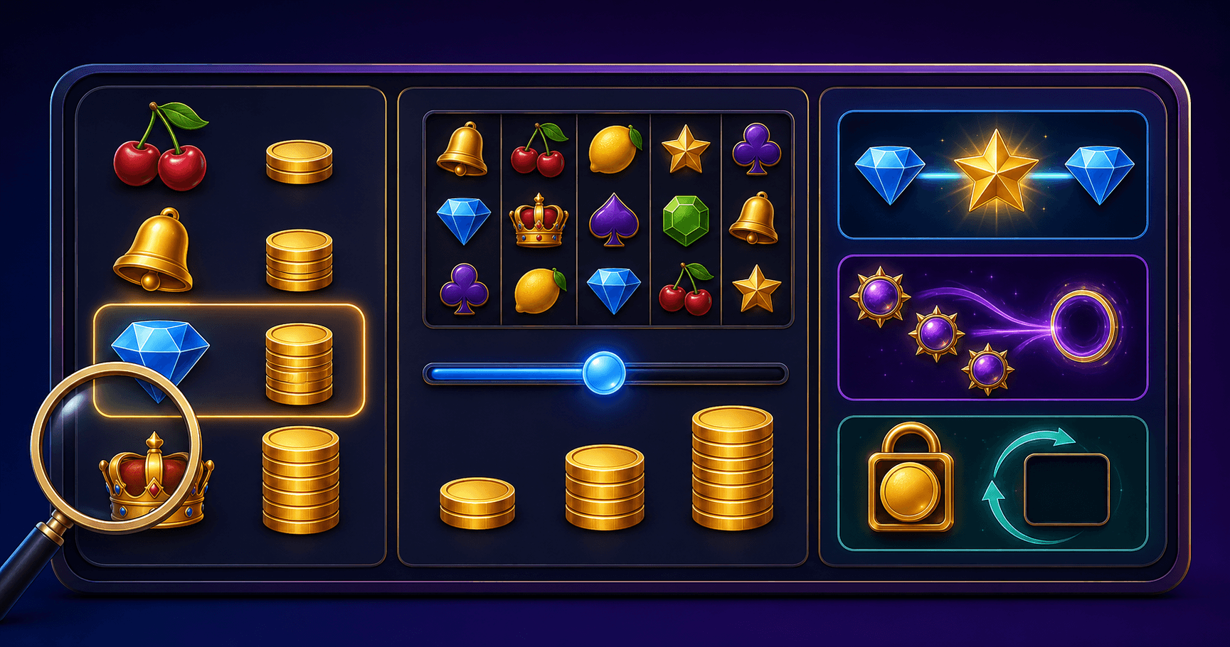 Online slot reels beside a paytable showing symbols and payout values